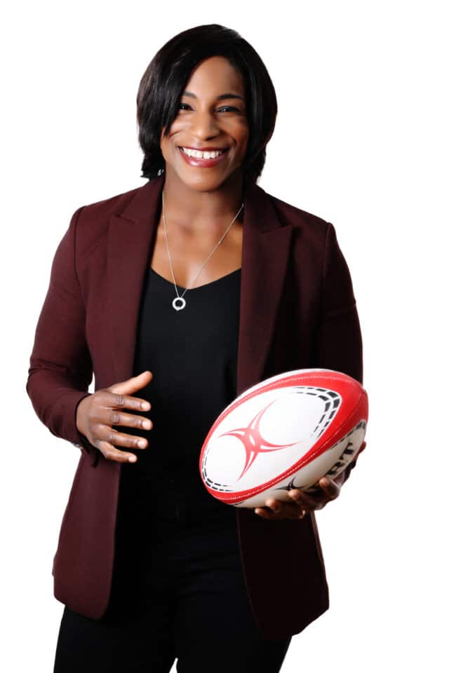 Margaret Alphonsi MBE holding rugby ball